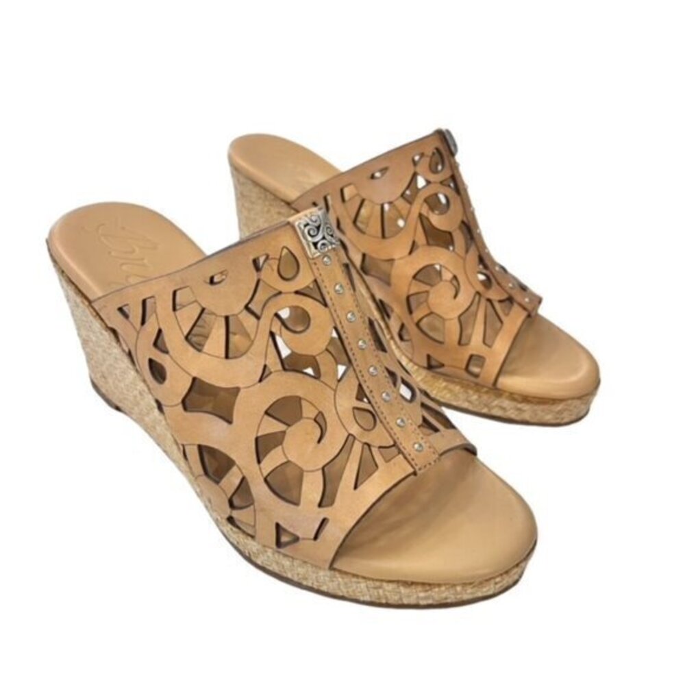 Brighton Daria Tan Leather Silver Charm Woven Wedge Sandals Size‎ 6M BOHO Summer